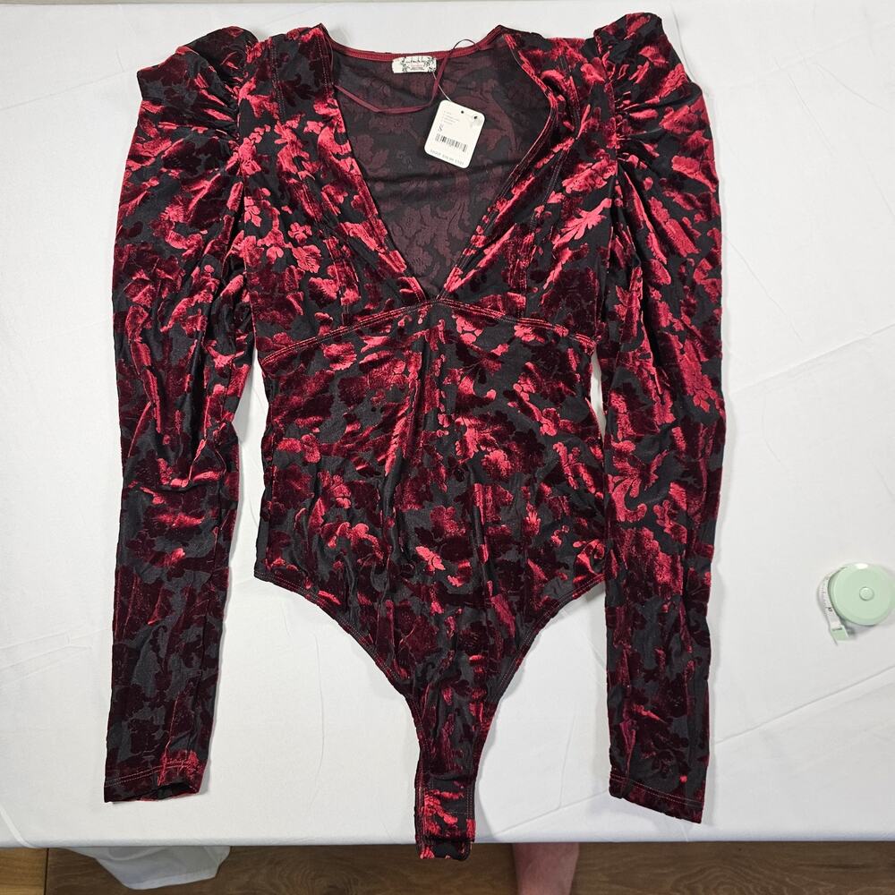 Free People Intimately‎ Velvet Burnout Floral Bodysuit Puff Sleeve Goth NWT S